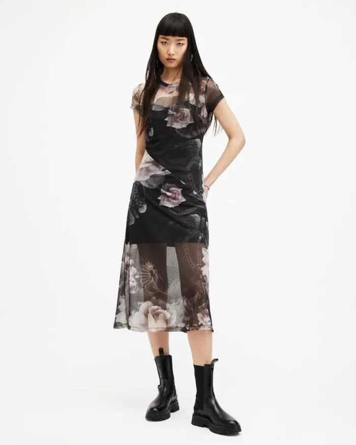 Hanna Valley Printed Mesh Midi Dress Black Mono Women AllSaints Dresses