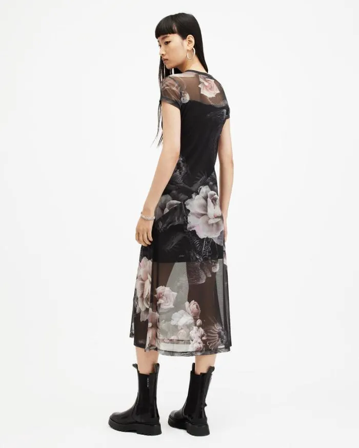 Hanna Valley Printed Mesh Midi Dress Black Mono Women AllSaints Dresses