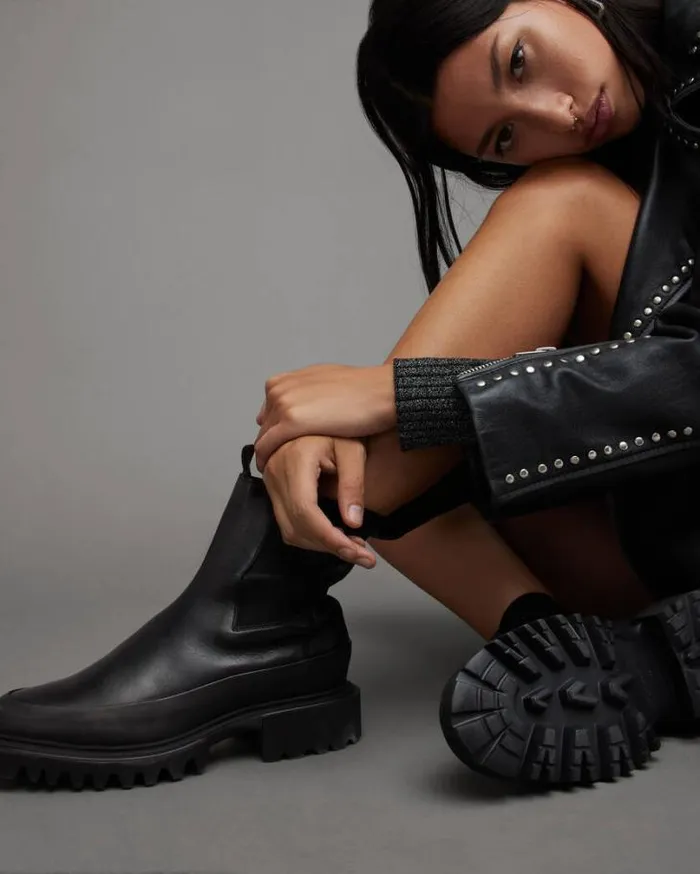 Harlee Chunky Leather Slip On Boots Black Women AllSaints Shoes and Boots