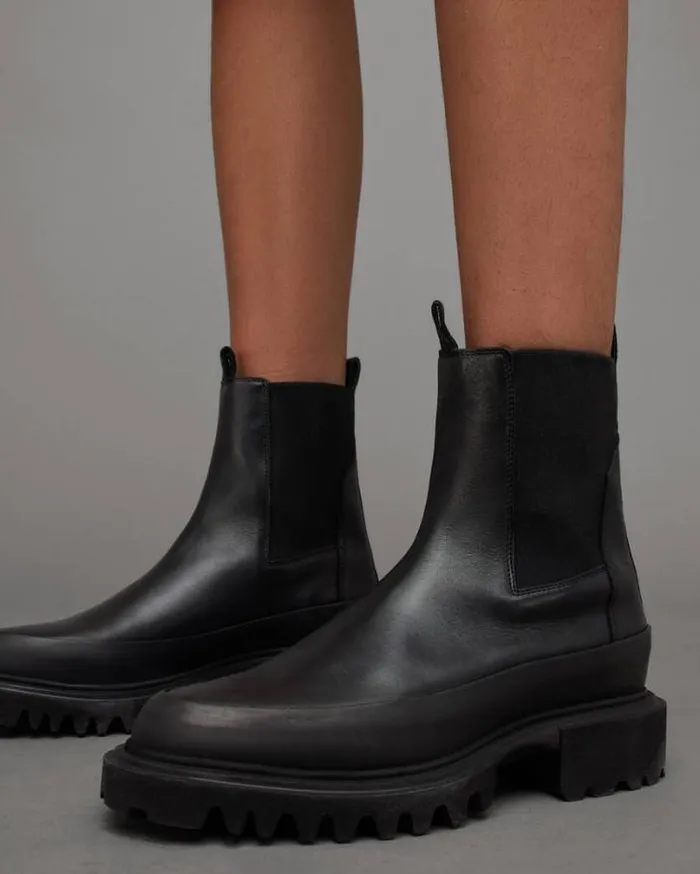 Harlee Chunky Leather Slip On Boots Black Women AllSaints Shoes and Boots