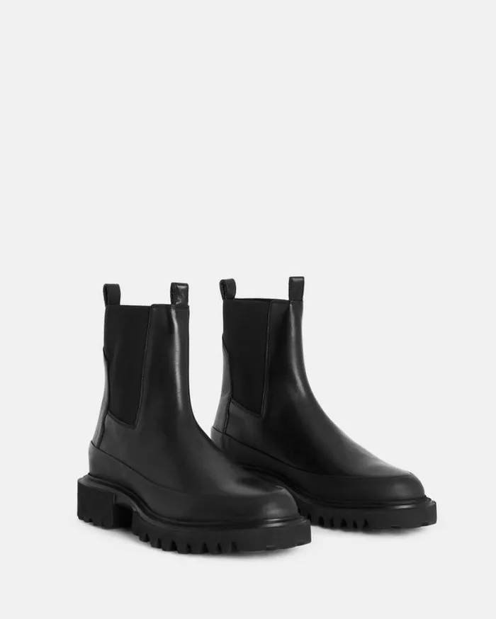 Harlee Chunky Leather Slip On Boots Black Women AllSaints Shoes and Boots