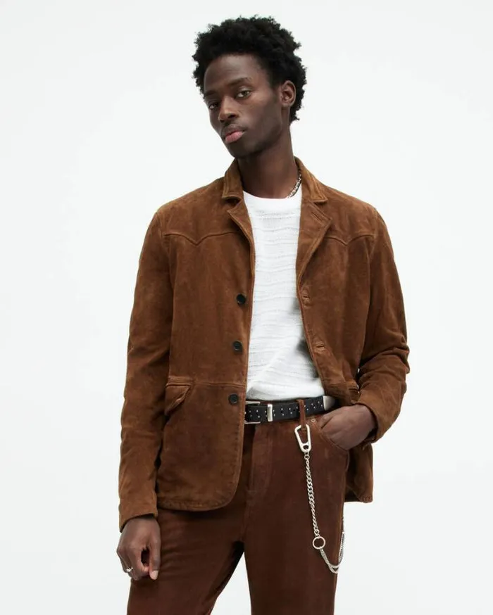 Hornett Vintage Washed Suede Blazer Tan Brown Men AllSaints Jackets and Coats