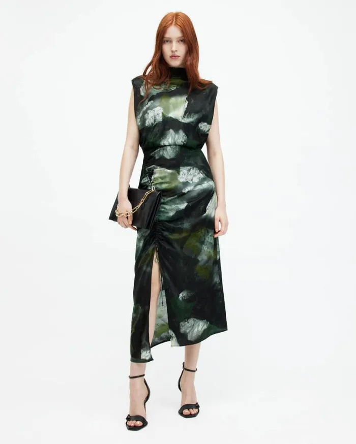 Isa Silk Blend Camo Print Midi Dress Khaki Green Women AllSaints Dresses