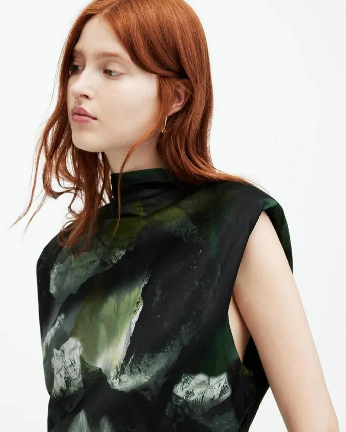 Isa Silk Blend Camo Print Midi Dress Khaki Green Women AllSaints Dresses
