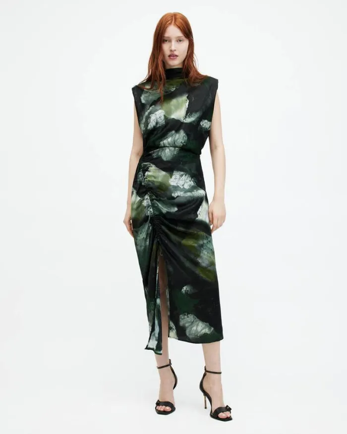 Isa Silk Blend Camo Print Midi Dress Khaki Green Women AllSaints Dresses