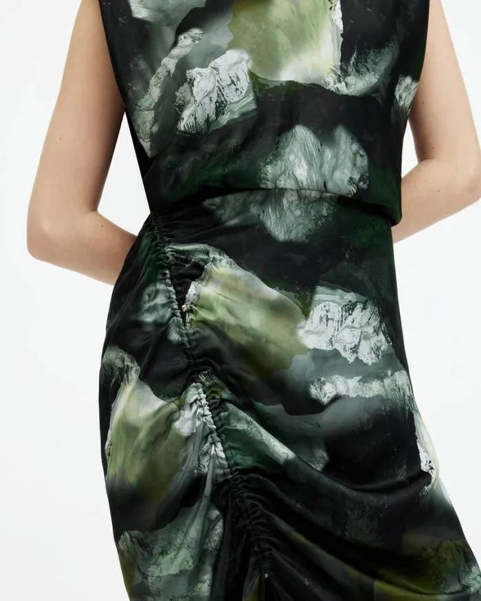 Isa Silk Blend Camo Print Midi Dress Khaki Green Women AllSaints Dresses