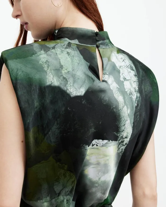 Isa Silk Blend Camo Print Midi Dress Khaki Green Women AllSaints Dresses