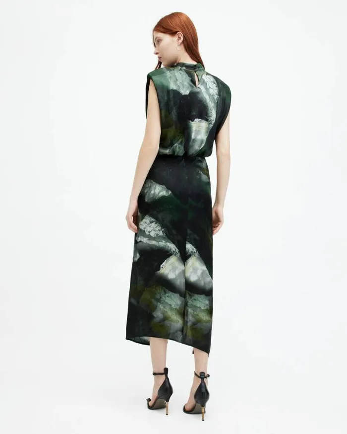 Isa Silk Blend Camo Print Midi Dress Khaki Green Women AllSaints Dresses