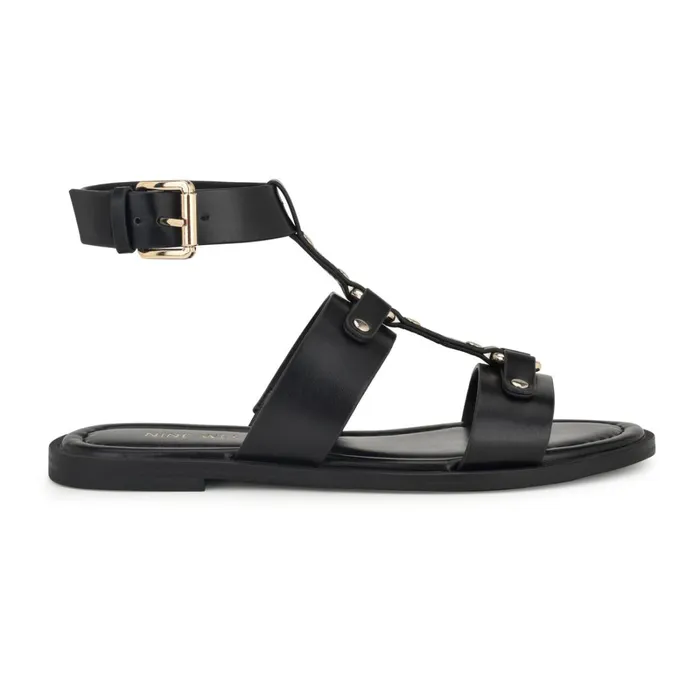 Jouise Ankle Strap Flat Sandals Black Women Nine West Low Heel
