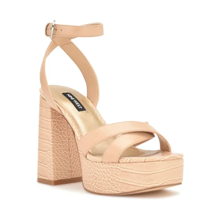 Joya Platform Sandals Warm Blush Croco Women Nine West High Heels Joya Platform Sandals Warm Blush Croco Women Nine West High Heels