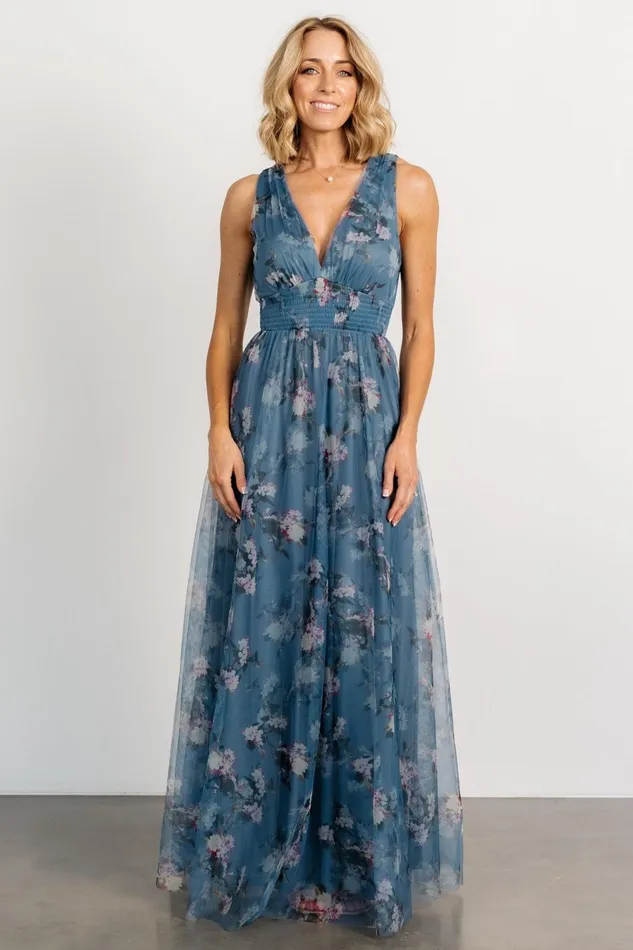 Kamila Tulle Maxi Dress Blue Multi Floral Women Baltic Born Bump Friendly