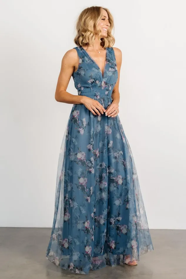Kamila Tulle Maxi Dress Blue Multi Floral Women Baltic Born Bump Friendly