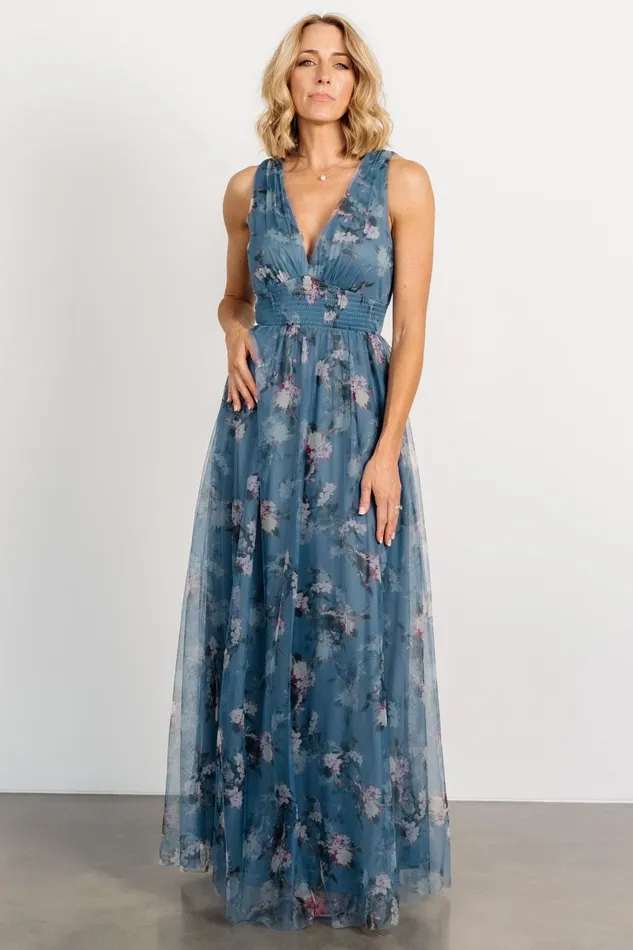 Kamila Tulle Maxi Dress Blue Multi Floral Women Baltic Born Bump Friendly