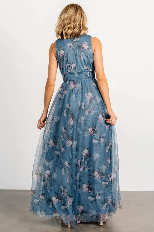 Kamila Tulle Maxi Dress Blue Multi Floral Women Baltic Born Bump Friendly