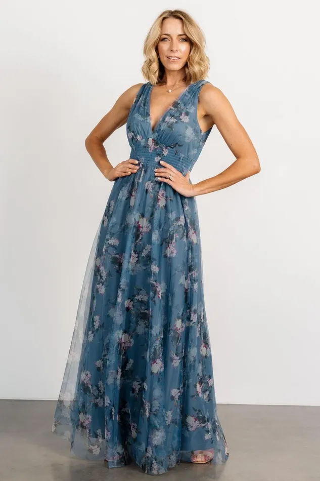 Kamila Tulle Maxi Dress Blue Multi Floral Women Baltic Born Bump Friendly
