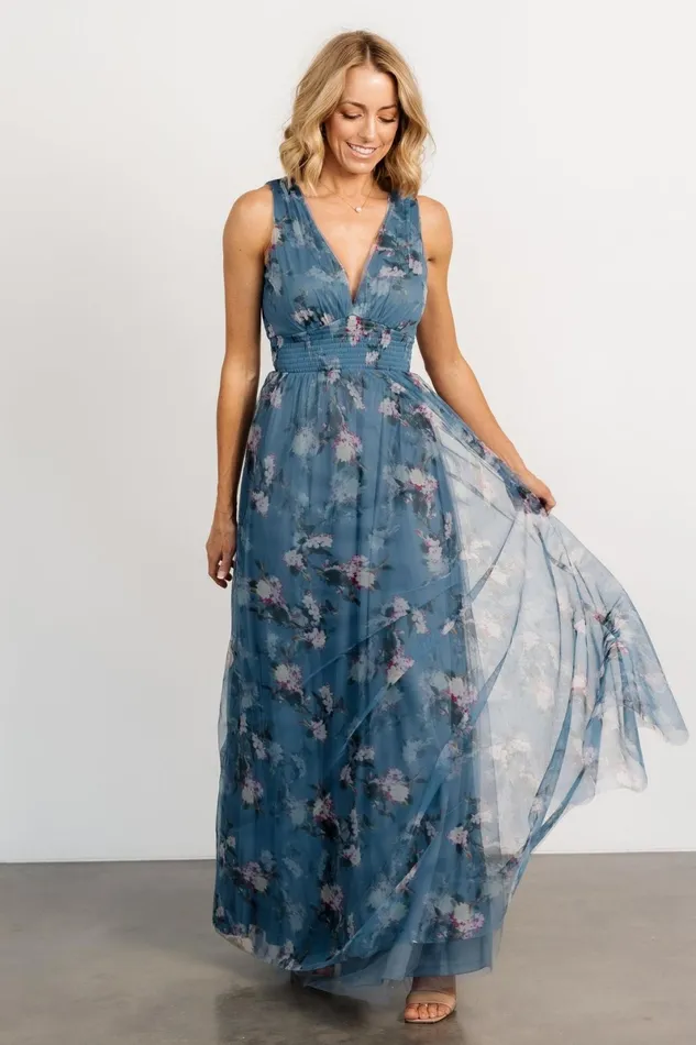 Kamila Tulle Maxi Dress Blue Multi Floral Women Baltic Born Bump Friendly