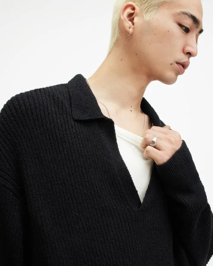 Kanyon Long Sleeve Ribbed Polo Shirt Black Men AllSaints Polos