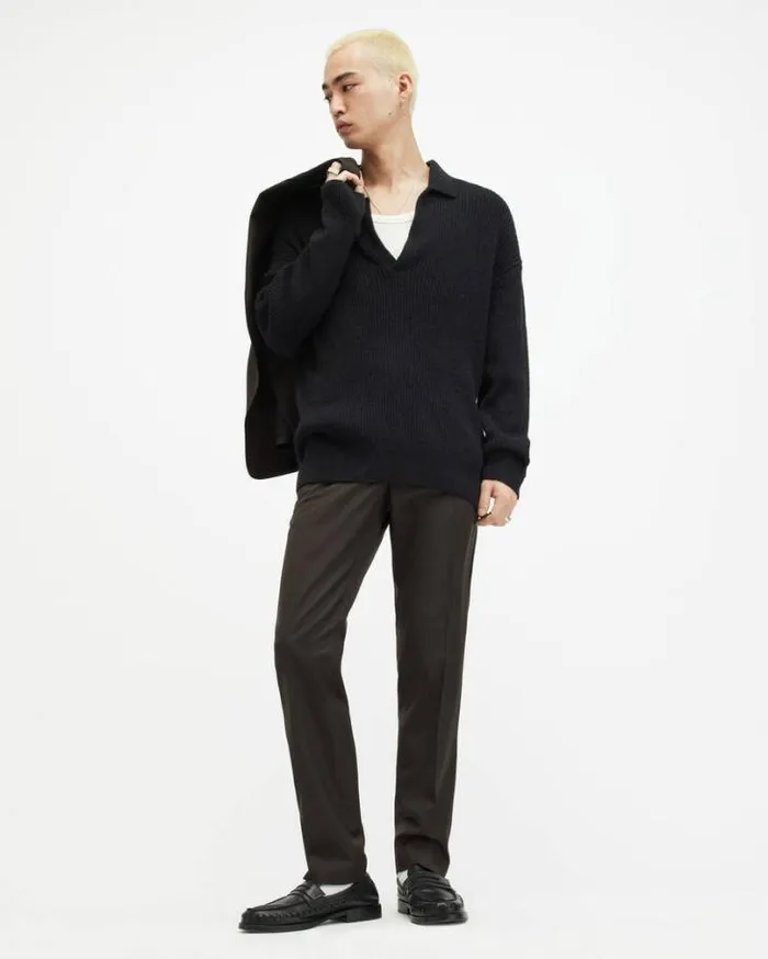 Kanyon Long Sleeve Ribbed Polo Shirt Black Men AllSaints Polos