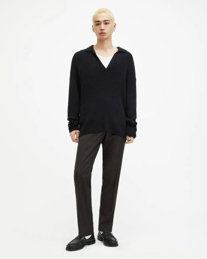 Kanyon Long Sleeve Ribbed Polo Shirt Black Men AllSaints Polos