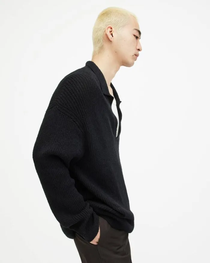 Kanyon Long Sleeve Ribbed Polo Shirt Black Men AllSaints Polos