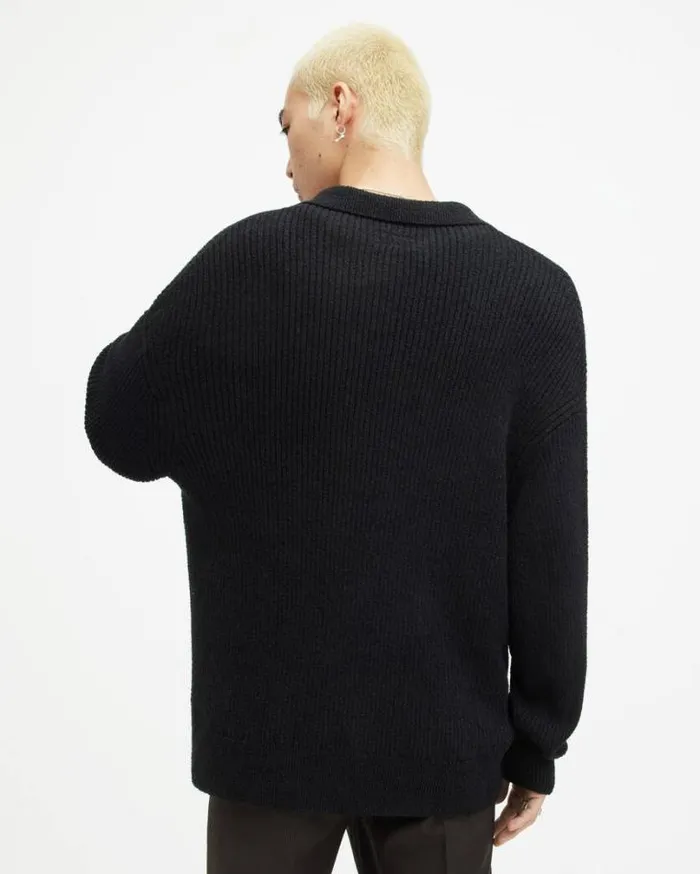 Kanyon Long Sleeve Ribbed Polo Shirt Black Men AllSaints Polos