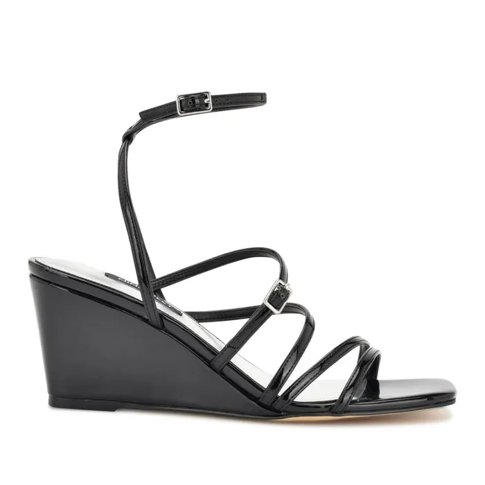 Keamer Ankle Strap Wedge Sandals Black Patent Women Nine West Sandals