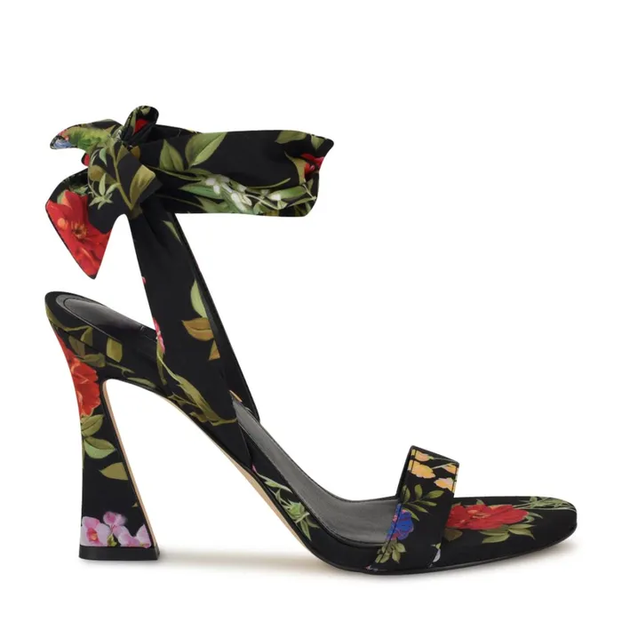 Kelsie Ankle Wrap Heeled Sandals Black Floral Women Nine West Dress