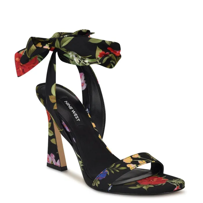 Kelsie Ankle Wrap Heeled Sandals Black Floral Women Nine West Dress Kelsie Ankle Wrap Heeled Sandals Black Floral Women Nine West Dress