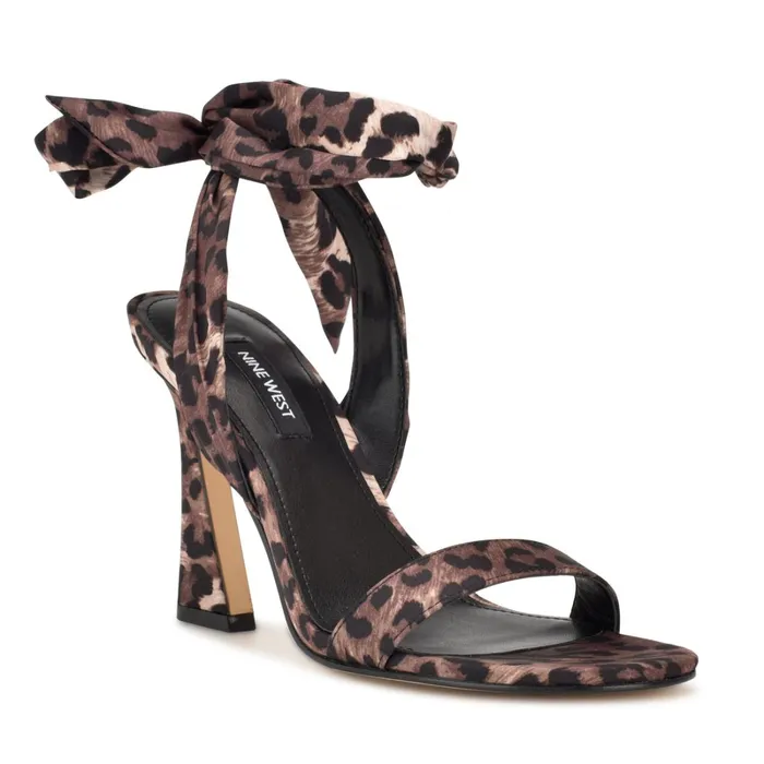Kelsie Ankle Wrap Heeled Sandals Leopard Satin Women Nine West High Heels Kelsie Ankle Wrap Heeled Sandals Leopard Satin Women Nine West High Heels