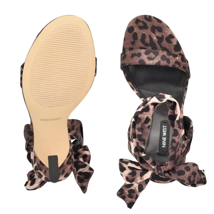 Kelsie Ankle Wrap Heeled Sandals Leopard Satin Women Nine West High Heels Kelsie Ankle Wrap Heeled Sandals Leopard Satin Women Nine West High Heels