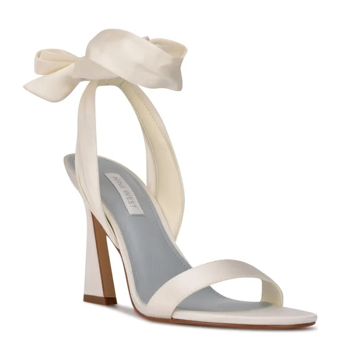 Kelsie Ankle Wrap Heeled Sandals White Satin Women Nine West High Heels Kelsie Ankle Wrap Heeled Sandals White Satin Women Nine West High Heels