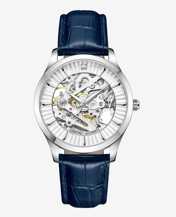 Kenneth Cole Watches Women Automatic DiamondAccented Leather Strap Watch Blue