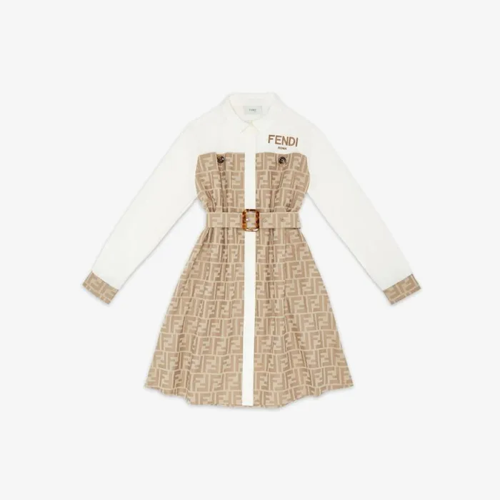 Kids Beige And White Cotton And Poplin Ff Dress White Fendi Ready To Wear