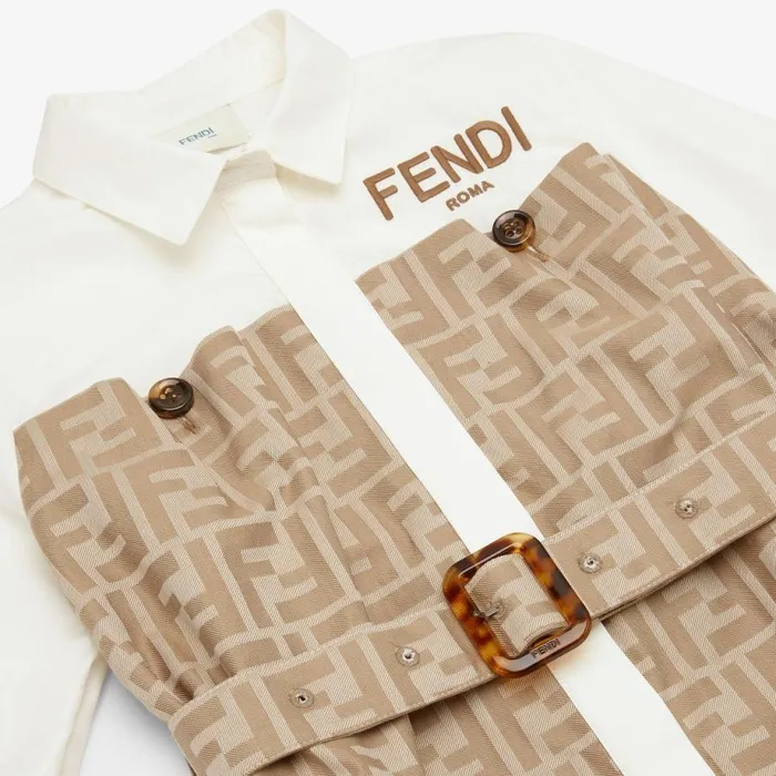 Kids Beige And White Cotton And Poplin Ff Dress White Fendi Ready To Wear