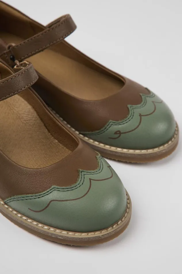 Kids Camper Ballerinas Twins Brown And Green Leather Ballerinas For Kids