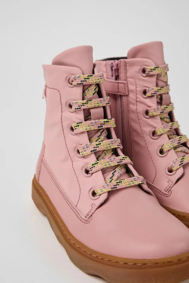 Kids Camper Boots Kiddo Pink Leather And Textile Ankle Boots For Kids