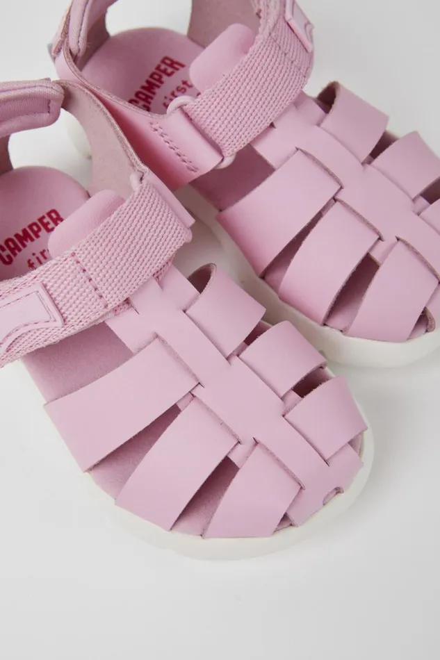 Kids Camper Hook And Loop Oruga Pink Leather And Textile Sandals