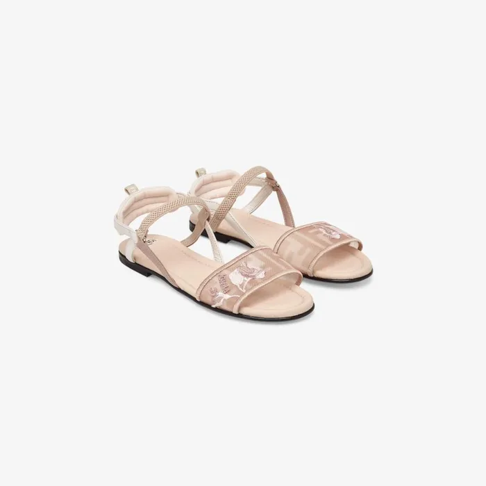 Kids Mesh And Leather Sandals With Embroidery Pink Fendi Shoes