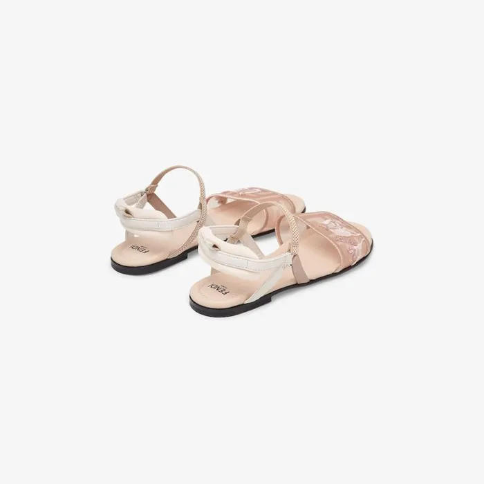 Kids Mesh And Leather Sandals With Embroidery Pink Fendi Shoes