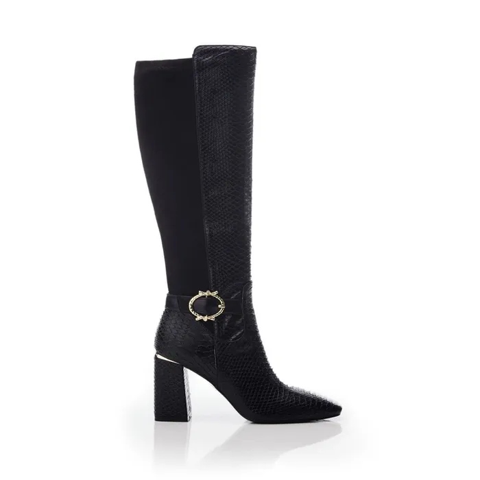Knee High Boots Women Moda In Pelle Saretta Black Snake Print