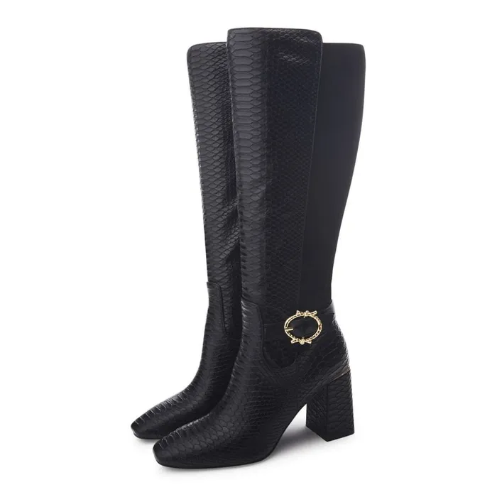 Knee High Boots Women Moda In Pelle Saretta Black Snake Print