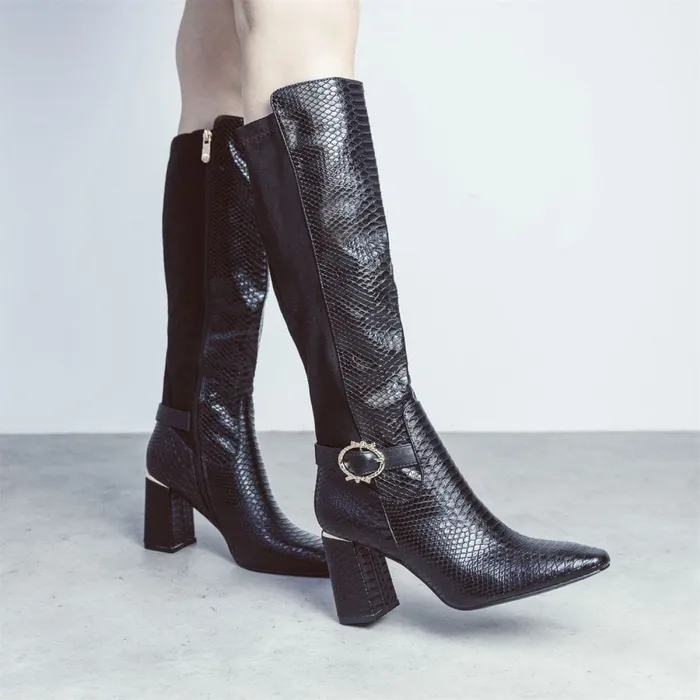 Knee High Boots Women Moda In Pelle Saretta Black Snake Print