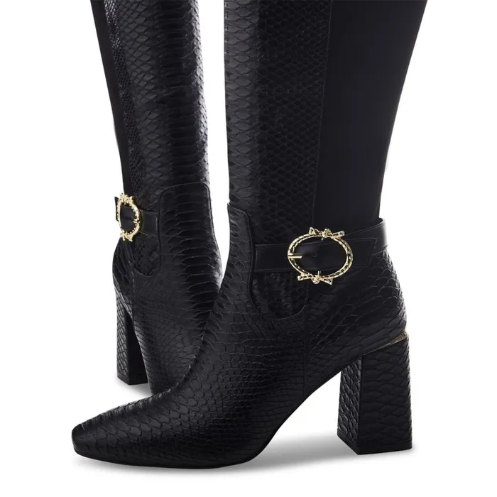 Knee High Boots Women Moda In Pelle Saretta Black Snake Print
