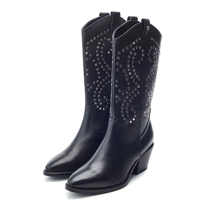 Knee High Boots Women Moda In Pelle Serres Black Leather