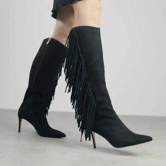 Knee High Boots Women Moda In Pelle Toulon Black Alcantara