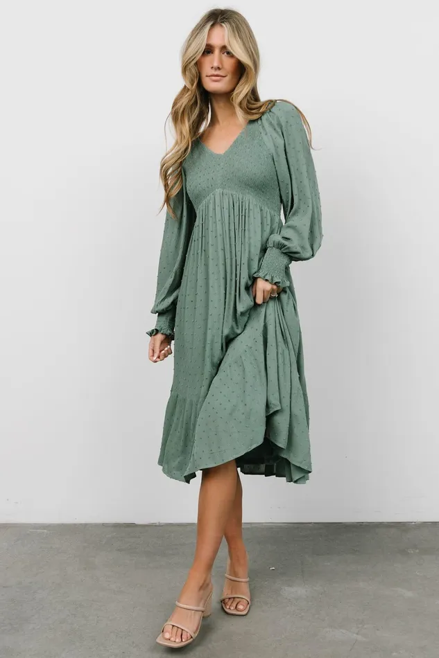 Lainey Smocked Dotted Midi Dress Dark Sage Women Baltic Born Bump Friendly