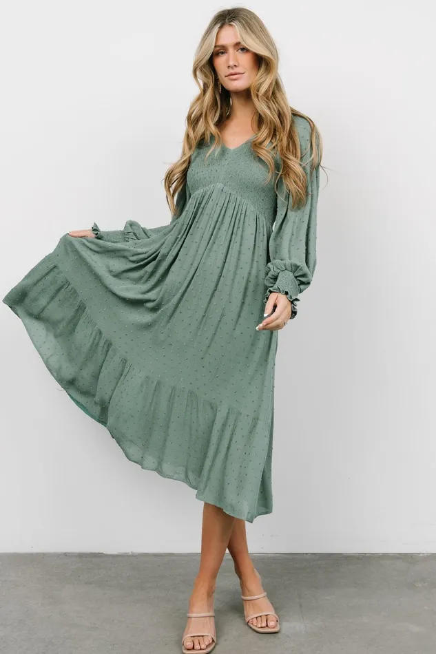 Lainey Smocked Dotted Midi Dress Dark Sage Women Baltic Born Bump Friendly Lainey Smocked Dotted Midi Dress Dark Sage Women Baltic Born Bump Friendly