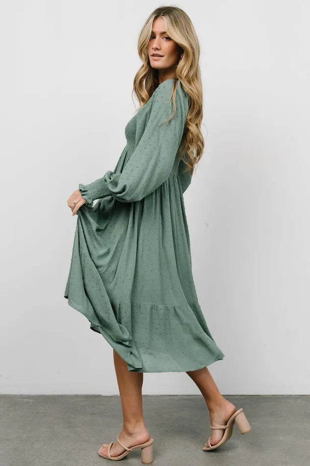 Lainey Smocked Dotted Midi Dress Dark Sage Women Baltic Born Bump Friendly Lainey Smocked Dotted Midi Dress Dark Sage Women Baltic Born Bump Friendly