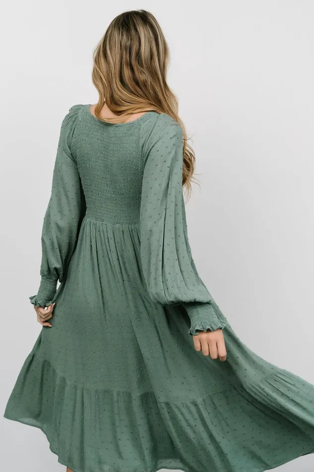 Lainey Smocked Dotted Midi Dress Dark Sage Women Baltic Born Bump Friendly Lainey Smocked Dotted Midi Dress Dark Sage Women Baltic Born Bump Friendly
