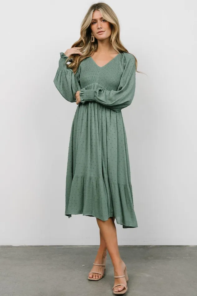 Lainey Smocked Dotted Midi Dress Dark Sage Women Baltic Born Bump Friendly Lainey Smocked Dotted Midi Dress Dark Sage Women Baltic Born Bump Friendly